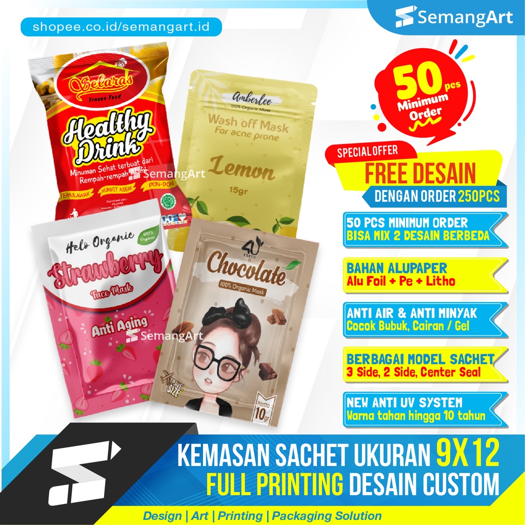 Kemasan Sachet 9x12 Plastik Klip Ziplock Flat Bottom Full Printing Bungkus Makanan / Masker / Bumbu 
