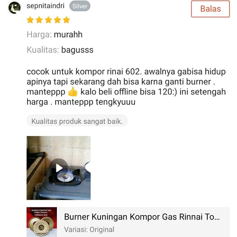 Burner Kuningan Kompor Gas Rinnai Tornado Original 602 712 BGX