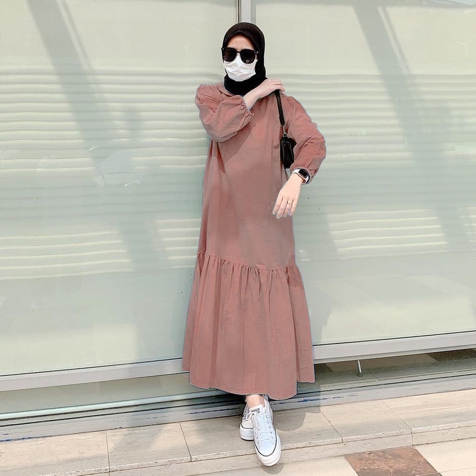 Distro - Celia Midi Dress Wanita Terbaru Baju Atasan Long Tunik Lengan Panjang Rempel Bawah Kerah Vi