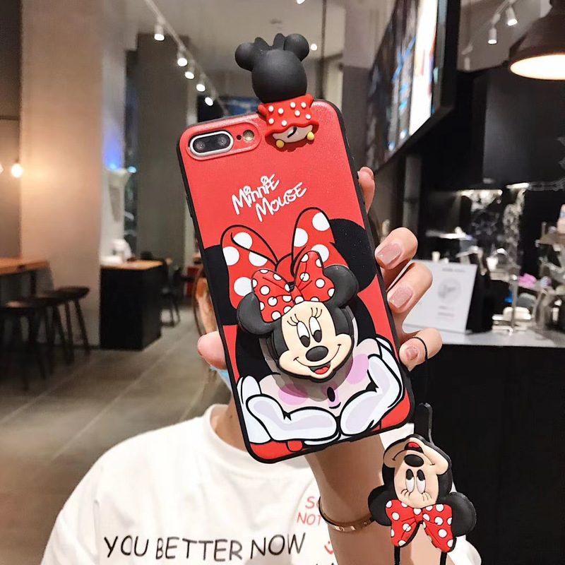 Disney Cartoons Mickey Minnie Soft Case iPhone 11 Pro Max XS XR SE2 i6 7 8 Plus Cartoon bracket lanyard Case