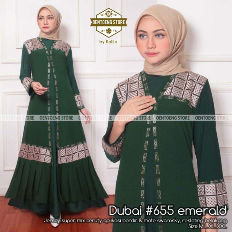 DUBAI 655 BY OENTOENG STORE / GAMIS ABAYA BAHAN JERSEY MIX CERUTY WARNA HIJAU BOTOL