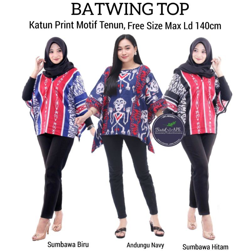 ATASAN WANITA BATWING TOP BLOUSE FREE SIZE MUAT SAMPAI JUMBO LD 140CM MOTIF TENUN SONGKET SUMBAWA