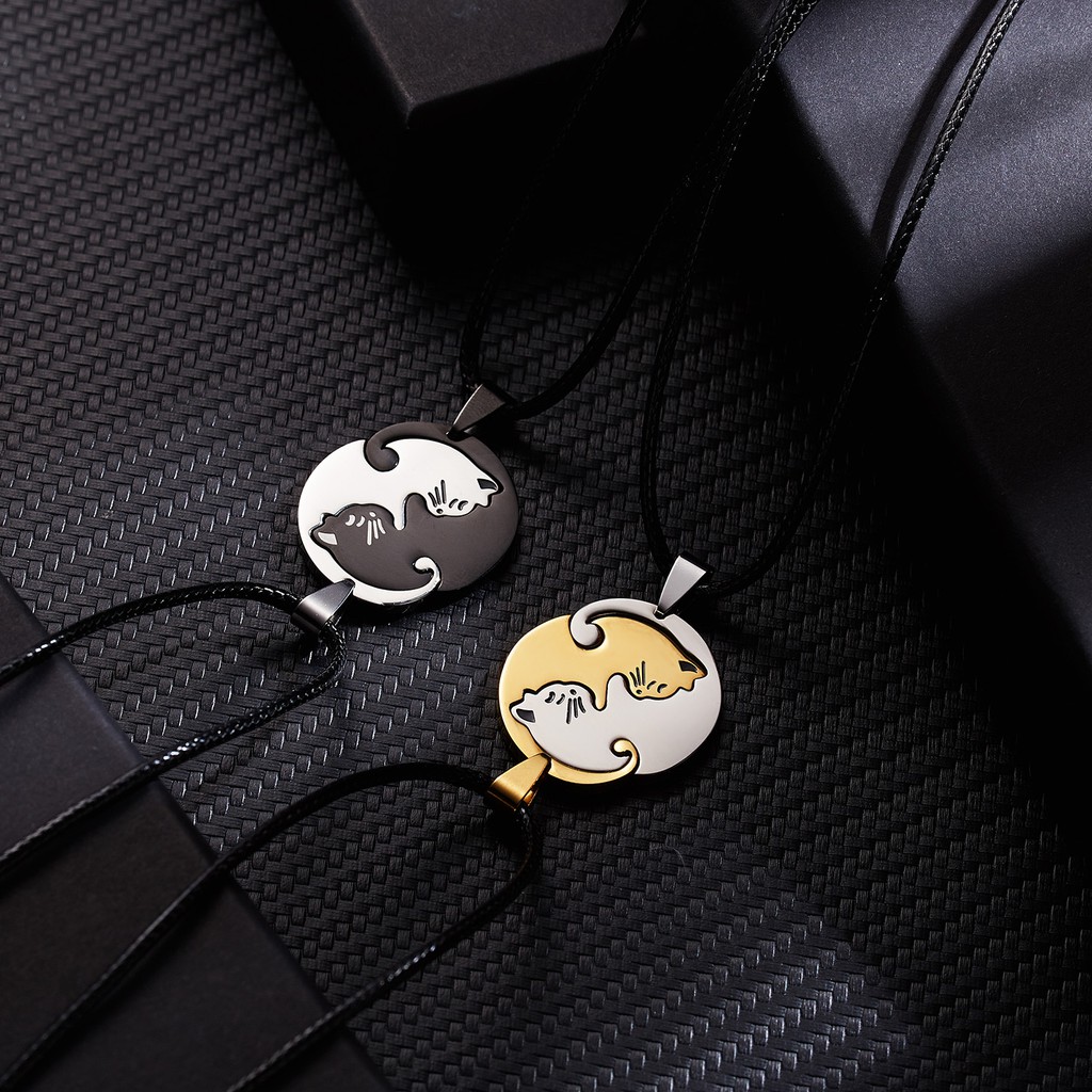 Kalung Bahan Stainless Steel Desain Kucing Yin Yang Tai Chi Warna Hitam Putih Untuk Pasangan