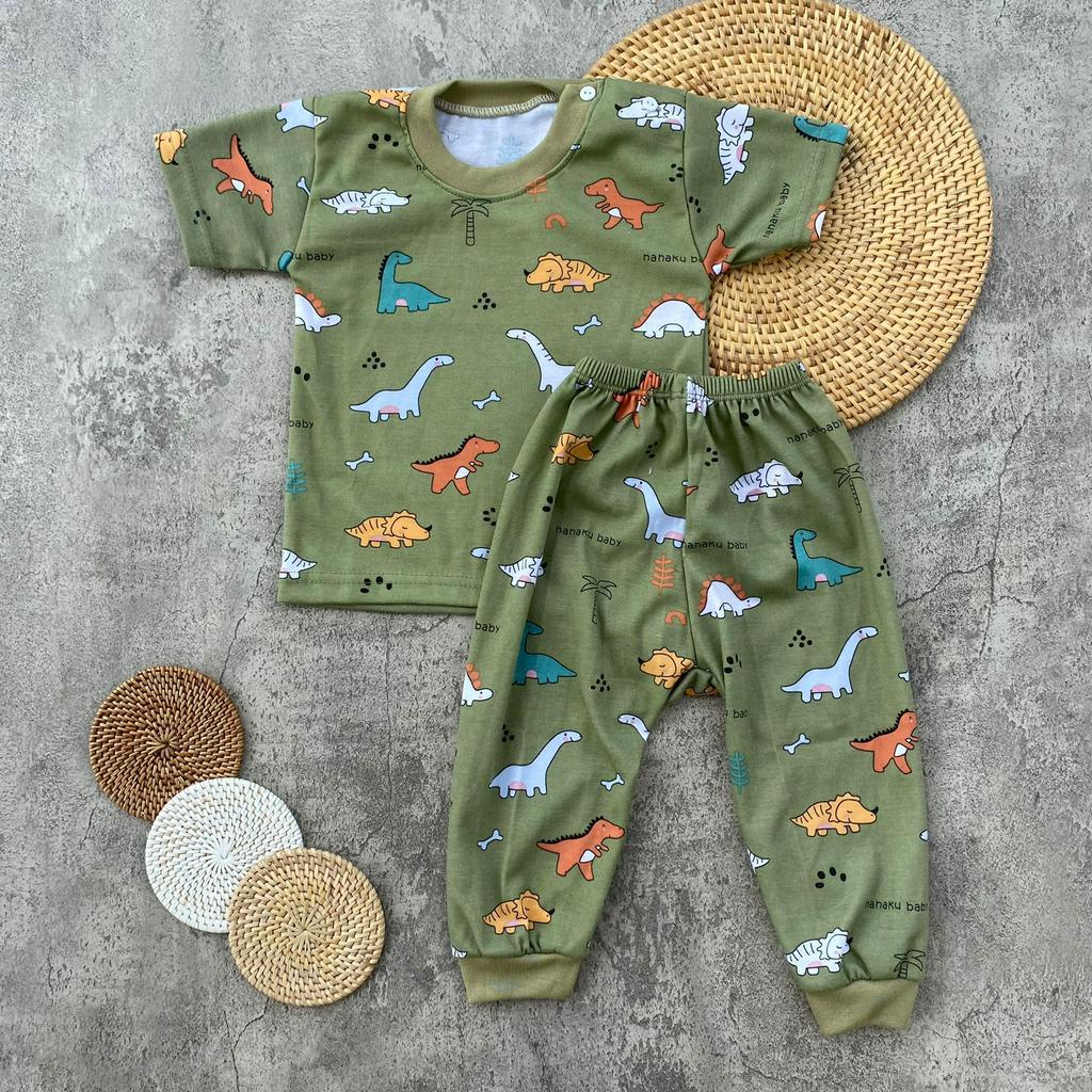 Setelan Baju Bayi Piyama Bayi lengan Pendek Celana Panjang Kancing Pundak Motif Printing Dino Usia 3-12 Bulan Almeera Baby and Kids