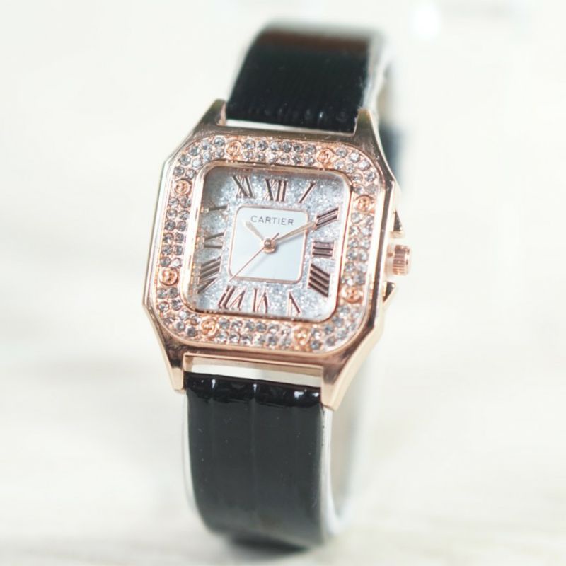 JAM TANGAN CARTIER ROMAWI KULIT FASHION WANITA MURAH RING DIAMOND free box dan BATERAI Cadangan