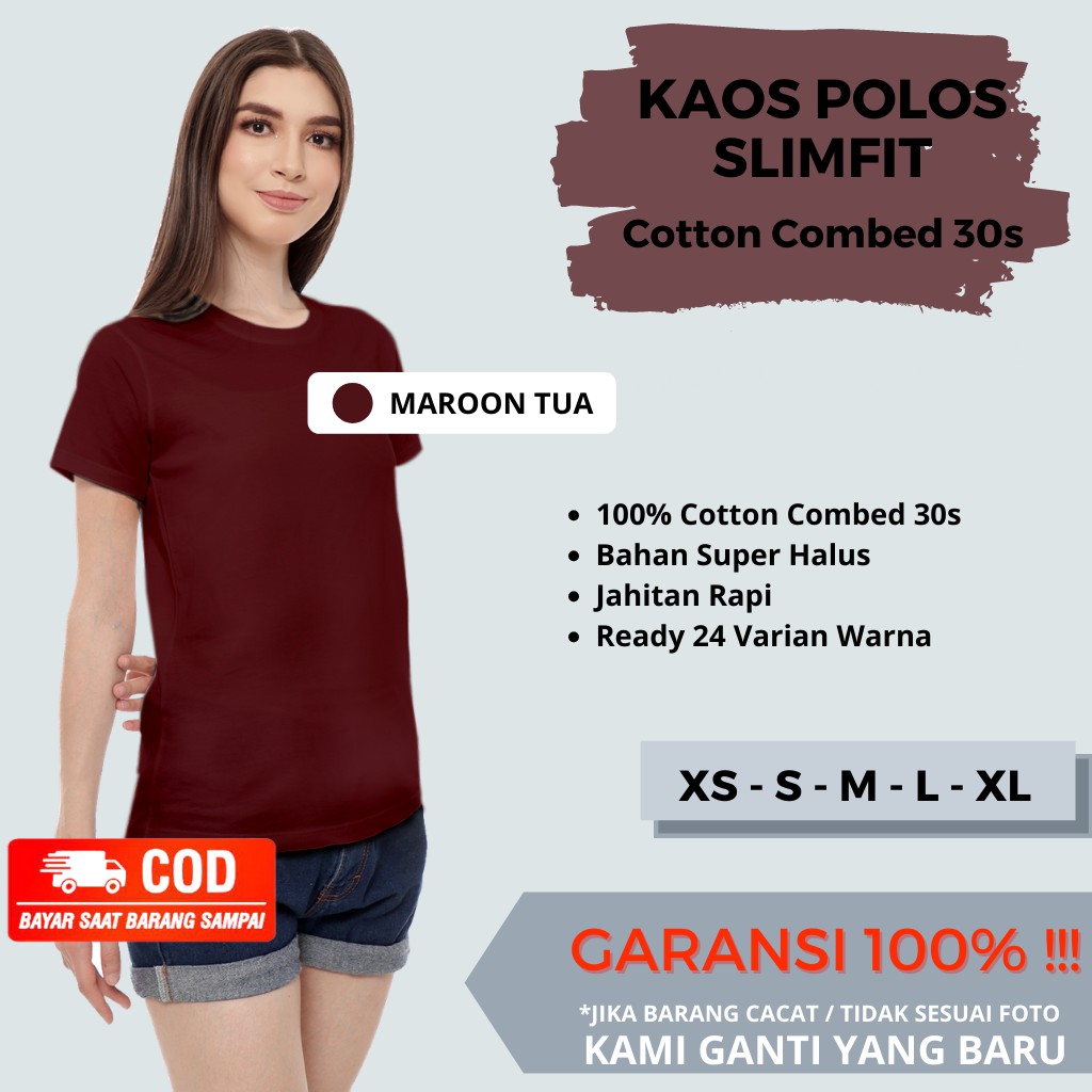Baju Kaos Polos Wanita Slimfit Lengan Pendek Kaos Oblong Cewek Ketat Santai Cotton Combed 30S Maroon