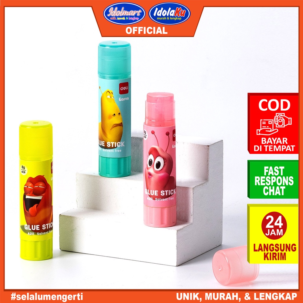 IDOLMART Deli Larva Glue Stick / Lem Stik 8gr / Desain Lucu Tidak Beracun EA211 Deli Surabaya