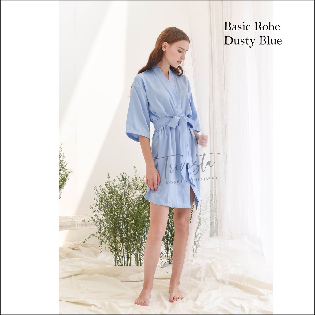 Basic Robe - KIMONO BRIDESMAID SATIN WARNA DUSTY BLUE + FREE BORDIR (TULISAN BEBAS BISA NAMA)