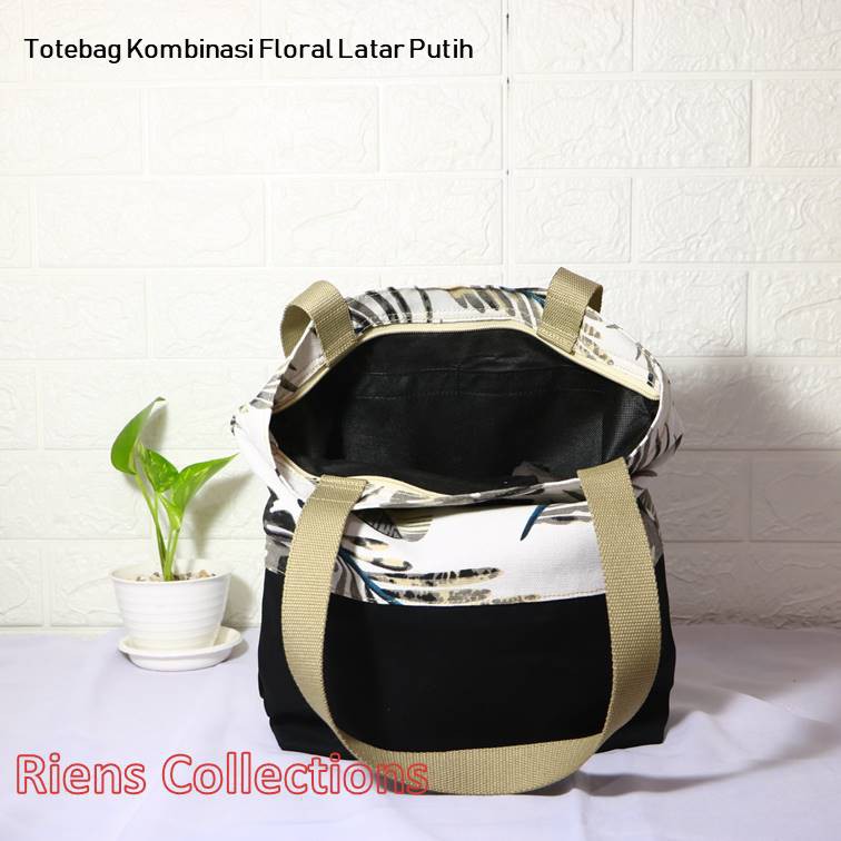 TAS KANVAS TOTEBAG KANVAS KOMBINASI MOTIF FLORAL LATAR PUTIH. Riens Collections