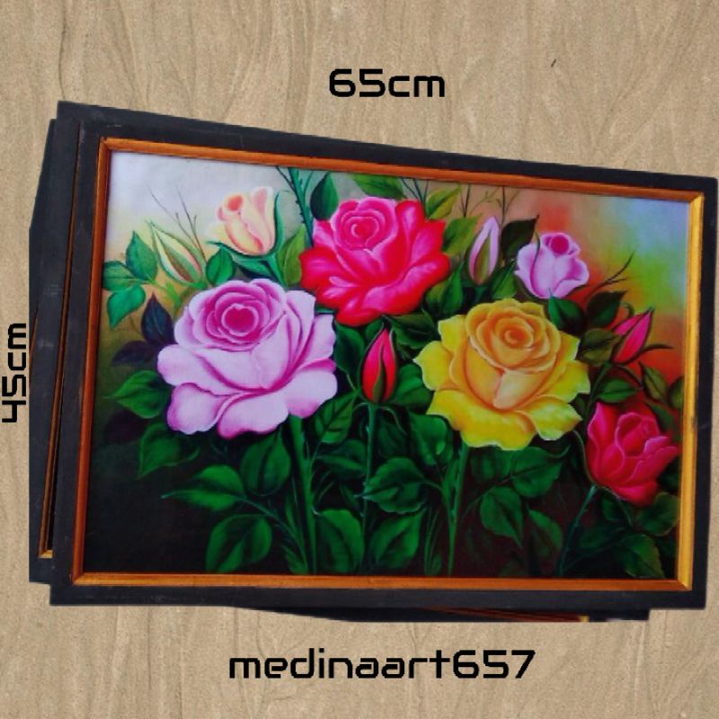 LUKISAN HIASAN DINDING DEKORASI RUMAH RUANG TAMU GAMBAR BUNGA MAWAR + BINGKAI