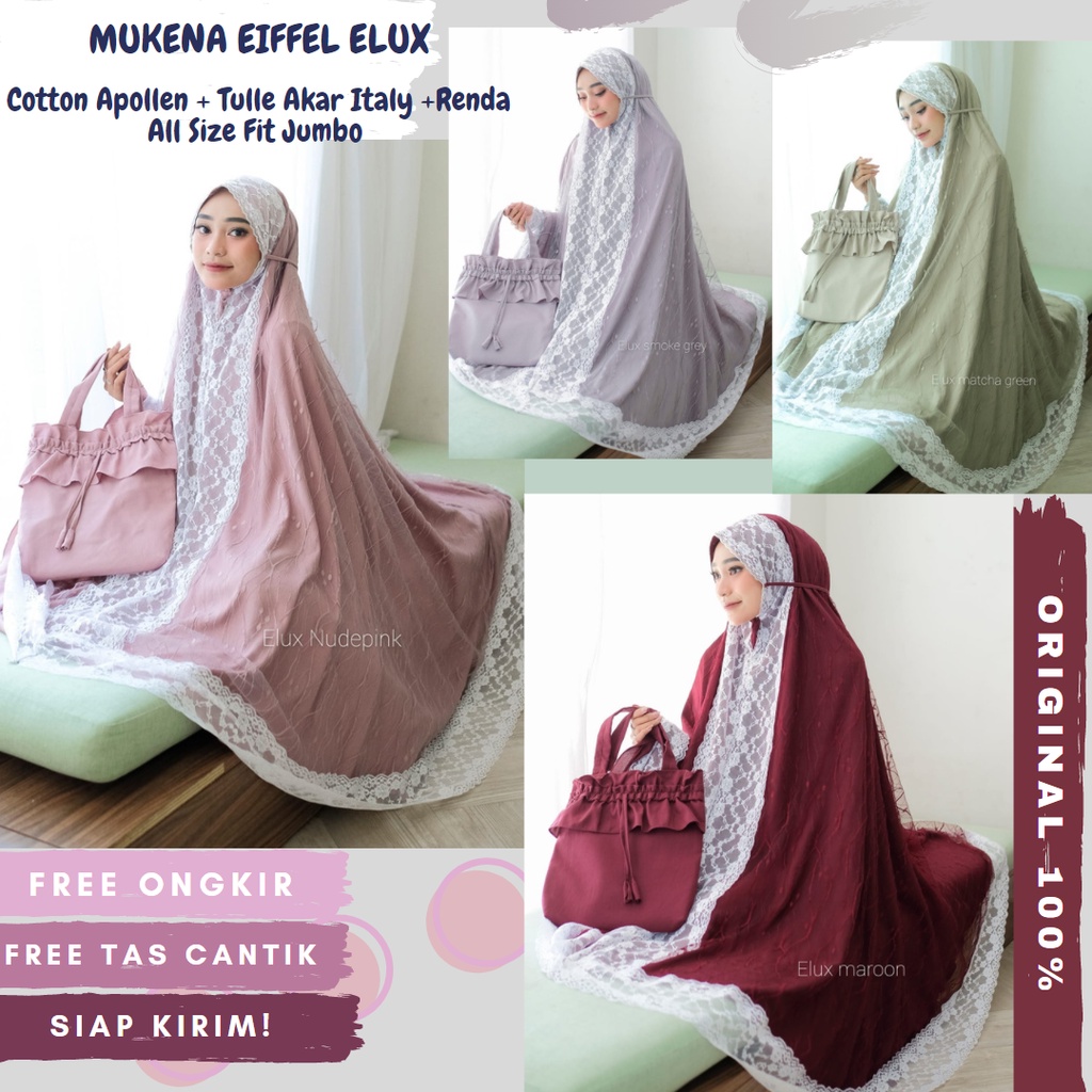 Mukena Eiffel Lux Dalanova Ori/Mukena Elux/Mukena Hantaran Seserahan/Mukena Free Tas/Mukena Tulle