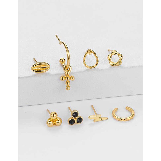 LRC Anting Tusuk Fashion Golden Cross Lightning Scallop Flower Ear Stud Set D63521