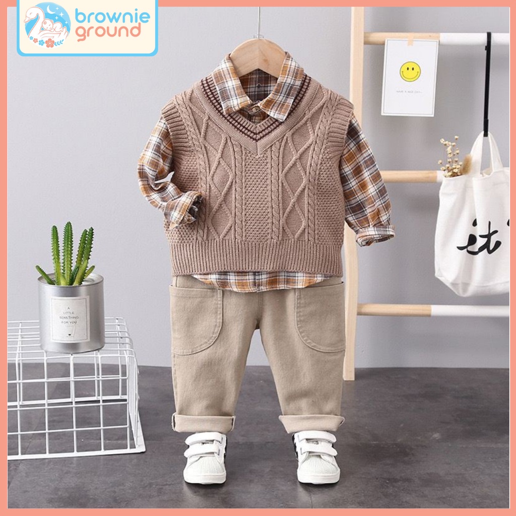 BROWNIEGROUND - SETELAN PREMIUM ANAK 0-4 TAHUN 3in1 MOTIF BROWNIE/ baju anak laki laki / set outwear anak sweater rajut anak cowok