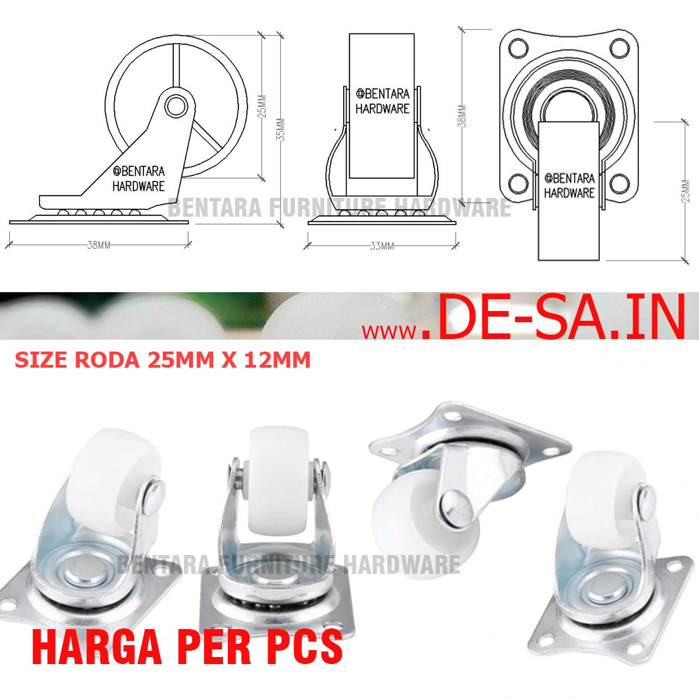 RODA HIDUP 1 INCHI PUTIH NYLON - MINI SWIVEL CASTER TROLI KECIL