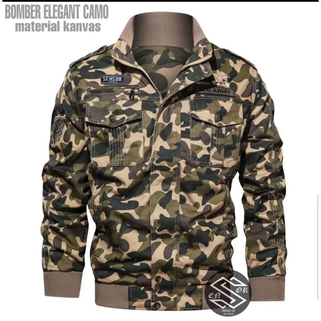 TURUN HARGA ! Jaket Pria Bomber Elegant Camo Army Bahan Canvas Original Distro Bandung - Jaket Bomber Pria