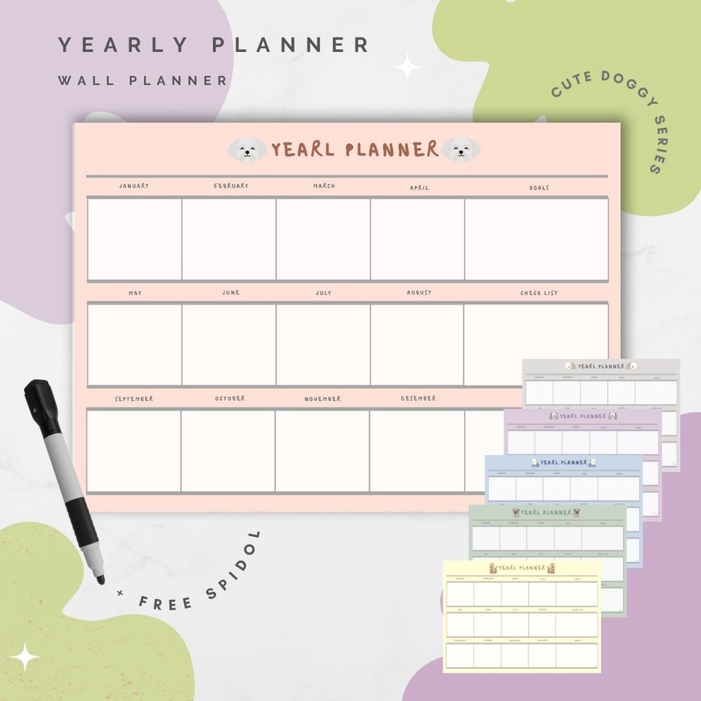 

Wall Planner Solucine - Cute Doggy Series - Yearly Planner, Monthly Planner, Weekly Planner, Daily Planner, Meal Planner - Free spidol + Reuseable - A3 / A4