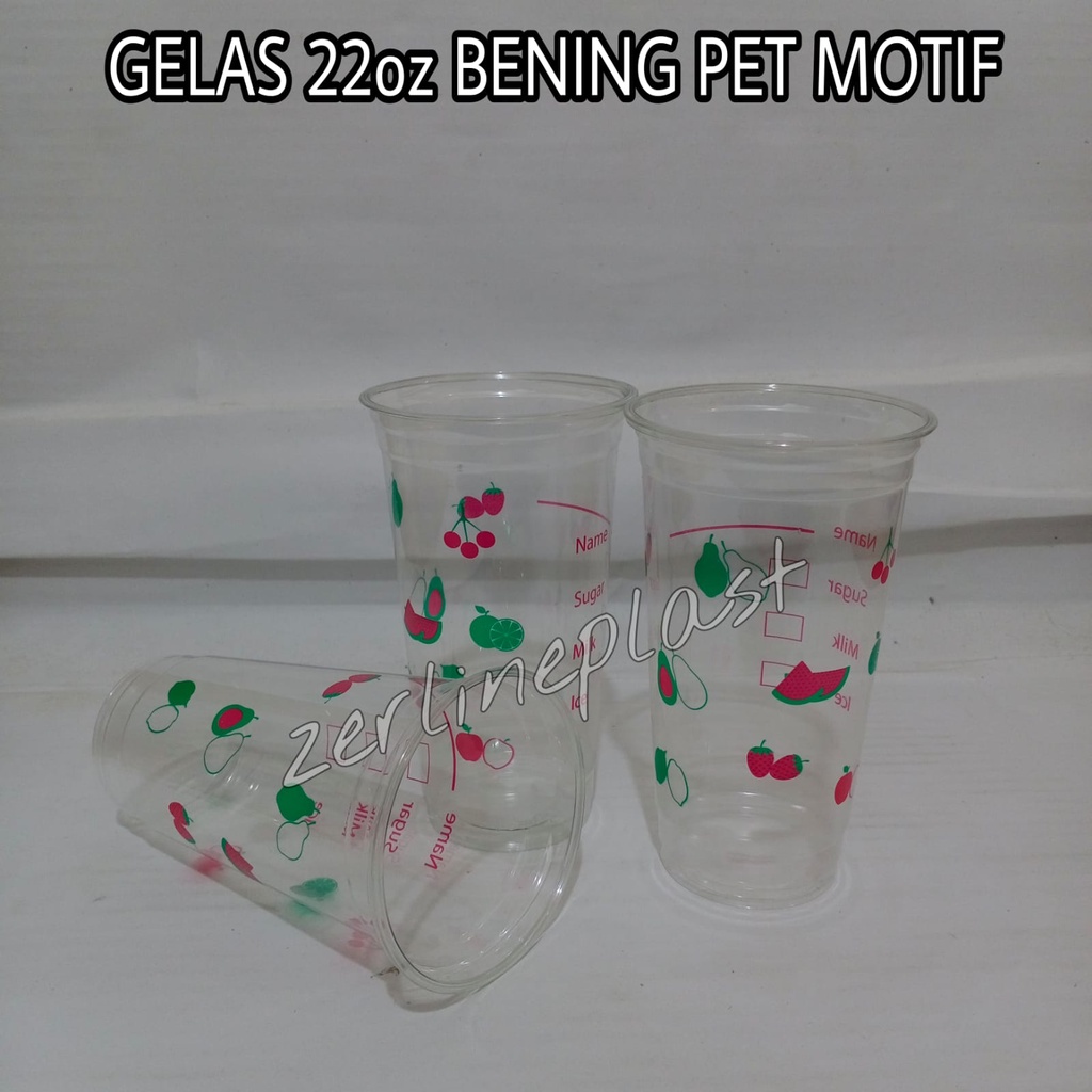 Gelas 22oz Bening PET Motif // Gelas Boba-Thai Tea @50pcs