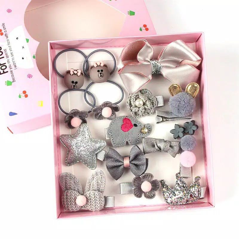 Aksesoris Pita Jepit Rambut Set Anak 18pcs Dengan Kotak Lucu Import SET BOX Kado