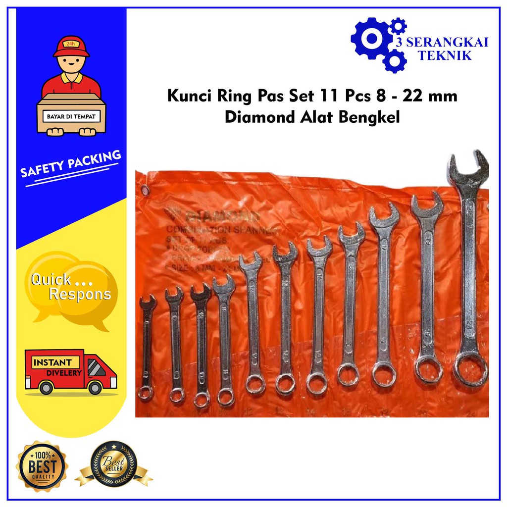 Kunci Ring Pas Set 11 Pcs 8 - 22 mm Diamond Alat Bengkel