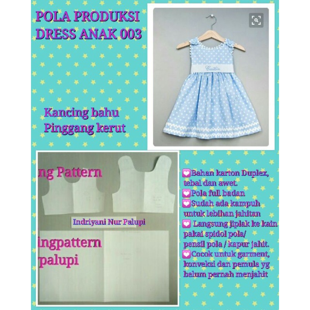 POLA PRODUKSI DRESS ANAK 003 - Pola Instan dress kancing bahu [ Pola Baju Sewing Pattern ]