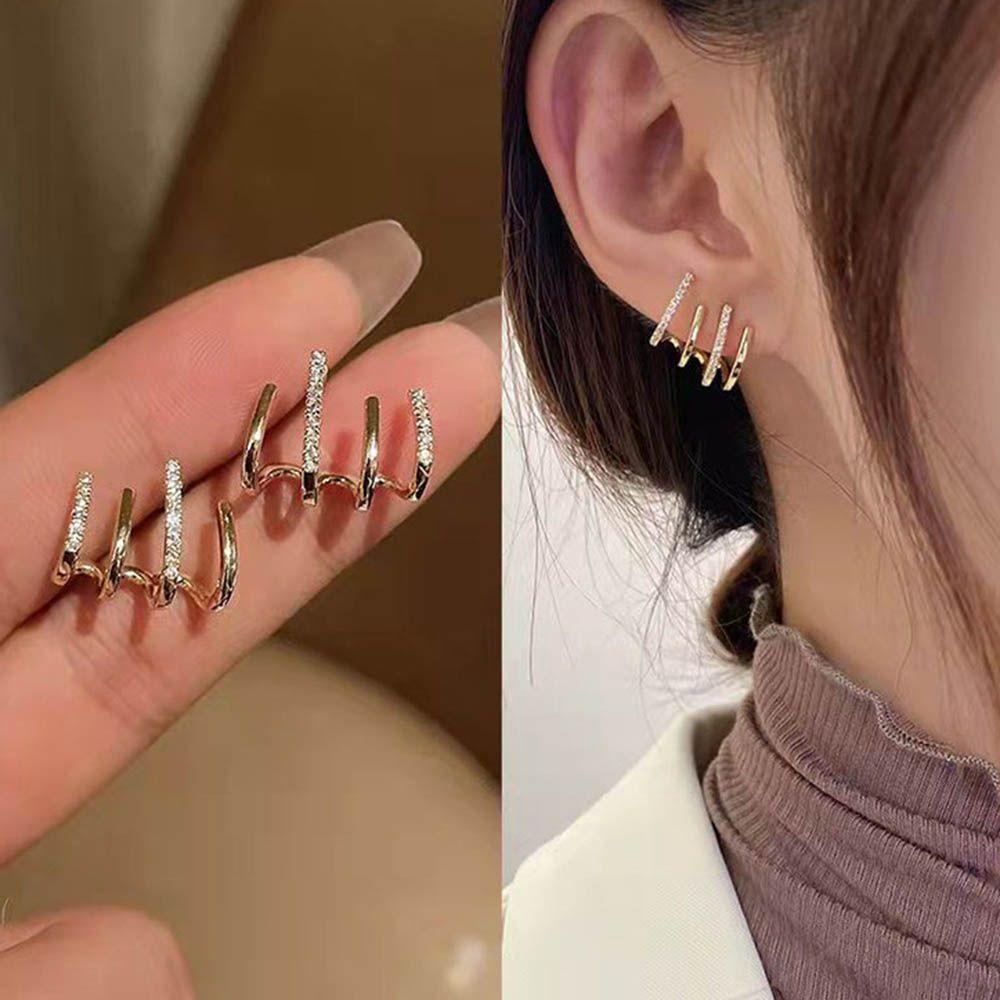 R-flower Stud Earrings Simple S925 Needle Anting Empat Baris Untuk Wanita Berlian Imitasi