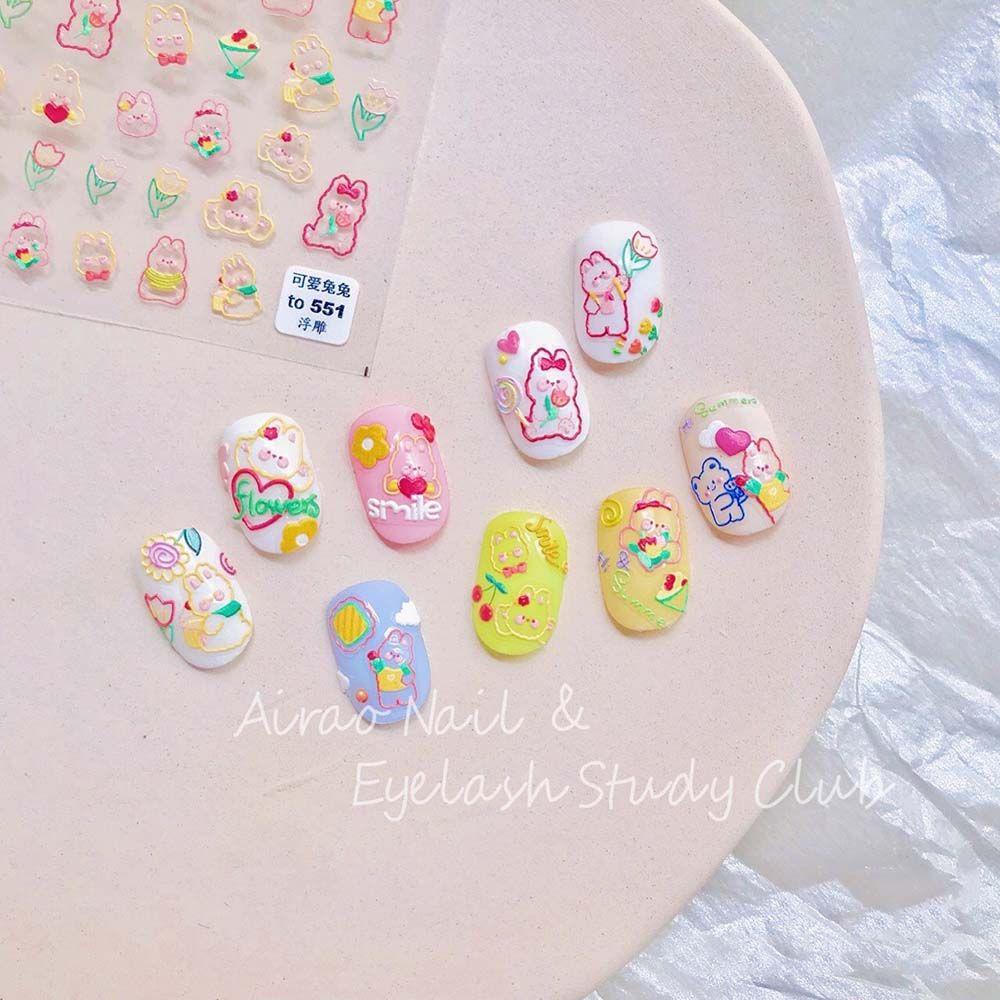 AUGUSTINA Agustina Kelinci Nail Art Stiker Lucu Indah Floret Perekat Relief Kartun Manikur Aksesoris