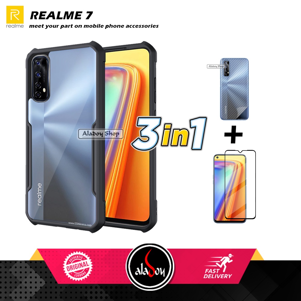 Case REALME 7 Armor Fushion Transparent Casing + Tempered Glass Full Layar dan Skin Carbon