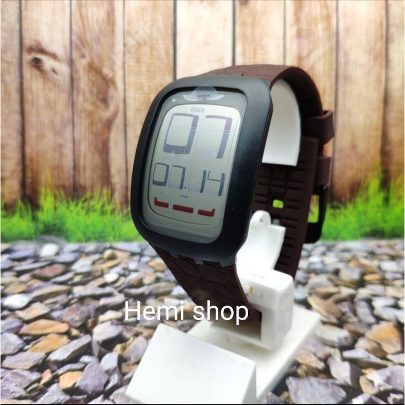Swatch Digital Jam Tangan Karet Unisex SURB113 Brown Tip Original