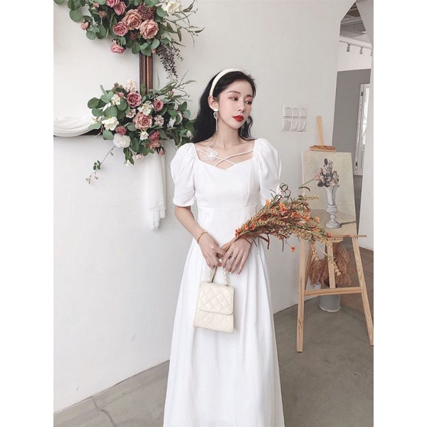 [MikanHiro Store] Elegant French 2022 Spring/Summer Retro Fairy Dress with Puff Sleeves and Thin WaistSuper fairy light cooked midi skirt butterfly