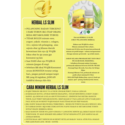 OBAT DIET HERBAL HS / LS SLIM ORIGINAL BPOM ( FREE TUMBLER )