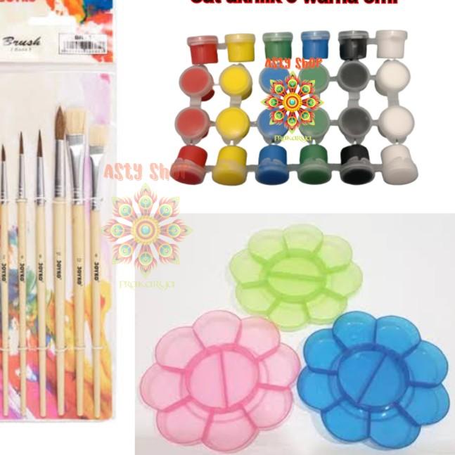 

☉ Paket Lukis (cat akrilik,kuas,palet) - cat 6 warna 5ml ♪