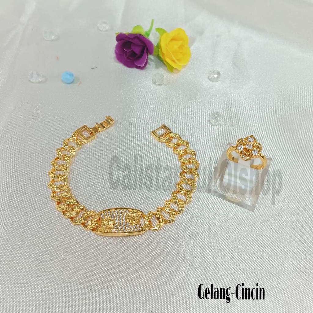 GELANG+CINCIN BUNGA DAHLIA MANIS PERHIASAN EMAS  KOREA ANTI KARAT DAN ANTI LUNTUR