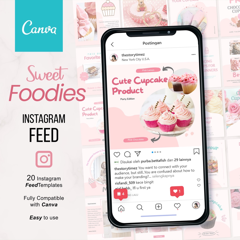 20 Instagram FEED Template Untuk Bisnis Makanan Manis/Cupcake/Cake - No Ongkir - Edit dengan Canva