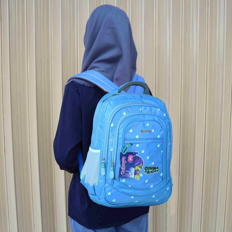 Tas Gendong Cahaya Princess Biru Ransel Sekolah SD SMP Free Raincover Tas Sekolah Cewek Berkualitas