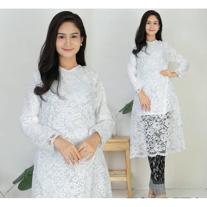 Atasan Kebaya Modern Brokat Longcape / Tunik Brukat White Dan Waran Lainnya