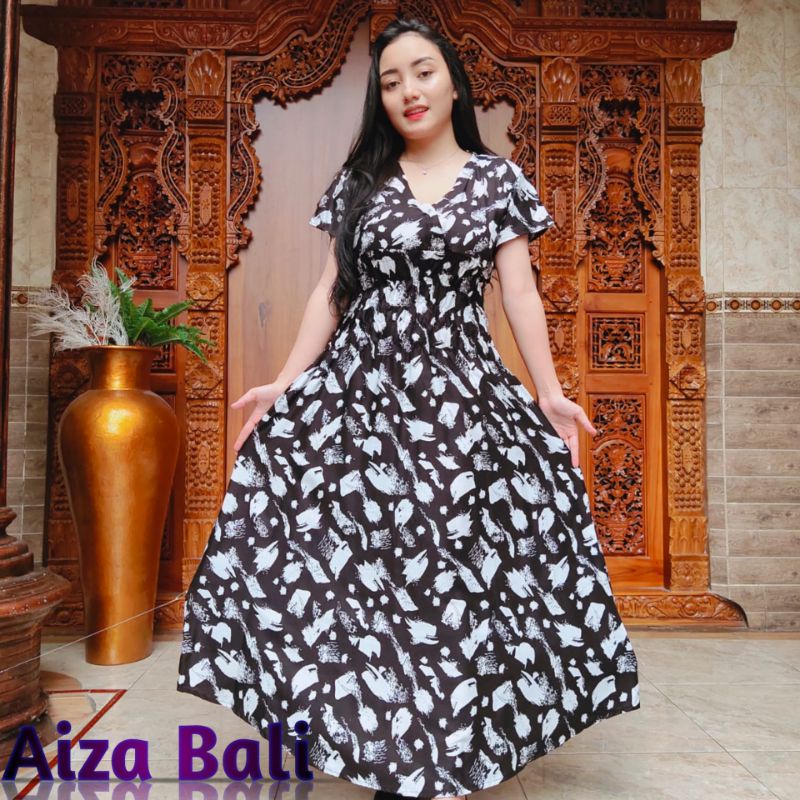 Dress Mozza Panjang Motif Sakura Javanese Style Rayon Super Premium Daster Lengan Pendek Bali Terbar
