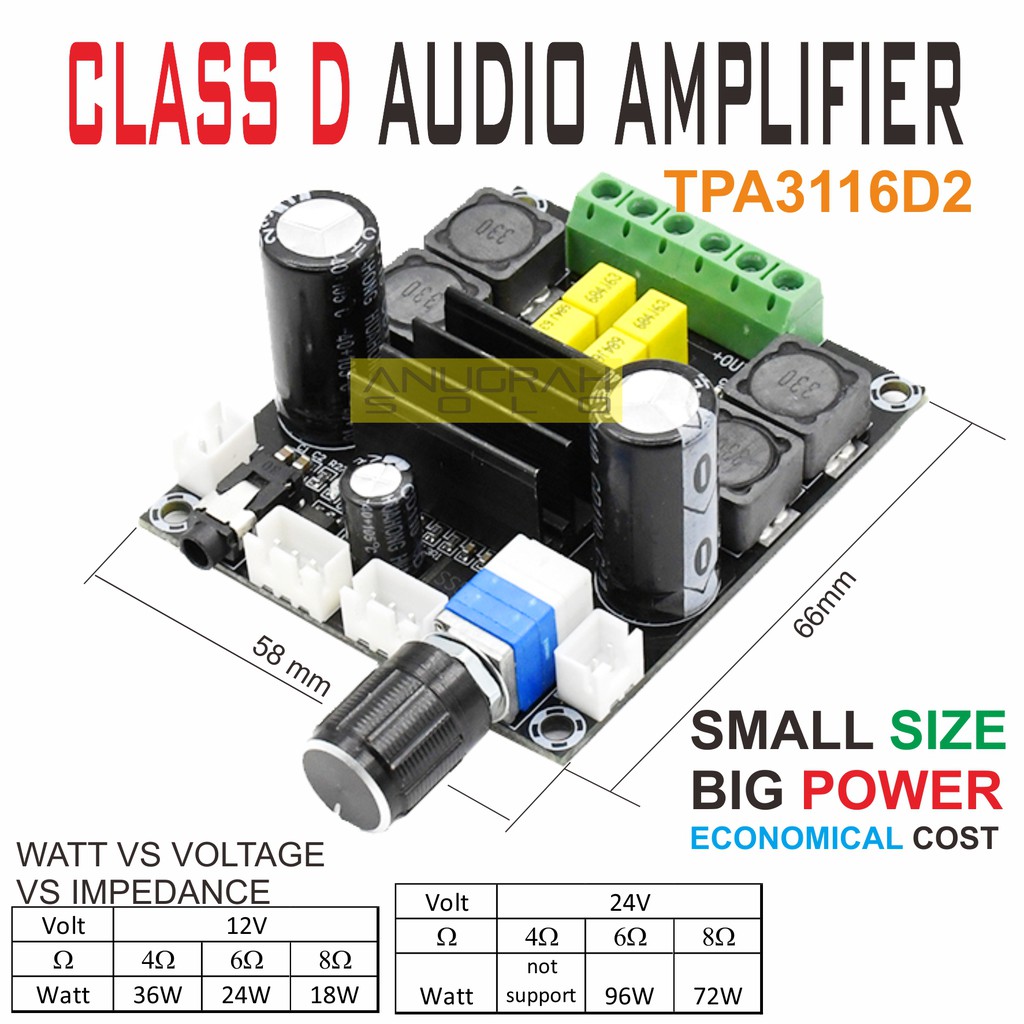 Stereo Audio Amplifier Class D TPA3116D2 Mini Size Maxi Output 100W X2