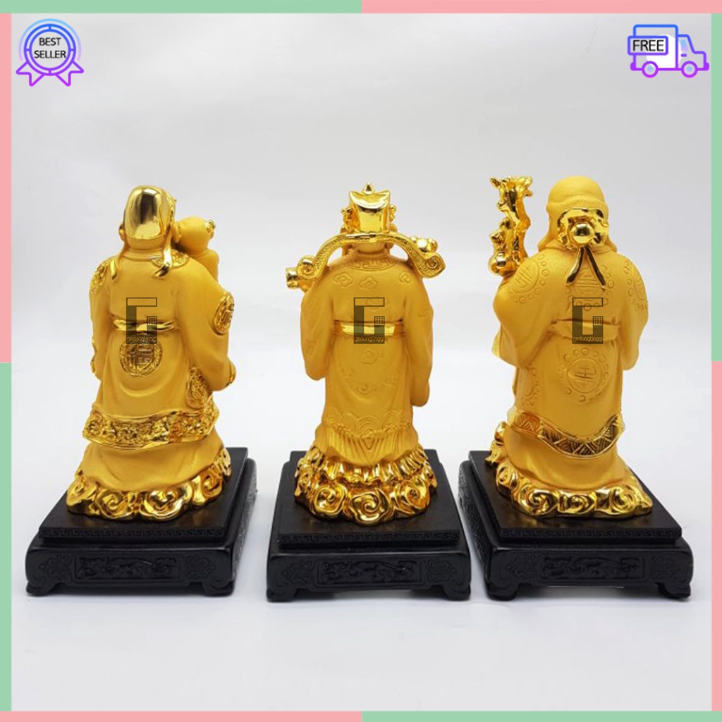 Patung Dekorasi Pajangan Hiasan Fengshui Dewa Dewi Fulushou Fuk Luk Sau Fu Lu Shou Sanxing Hoki Hok Lucky Keberuntungan Rejeki Uang Emas Meja Altar Sembahyang Sembayang Puja Suci Budha Buddha 1 Satu Set Ukuran Besar Sedang Kecil Medium Small Size Jumbo XL