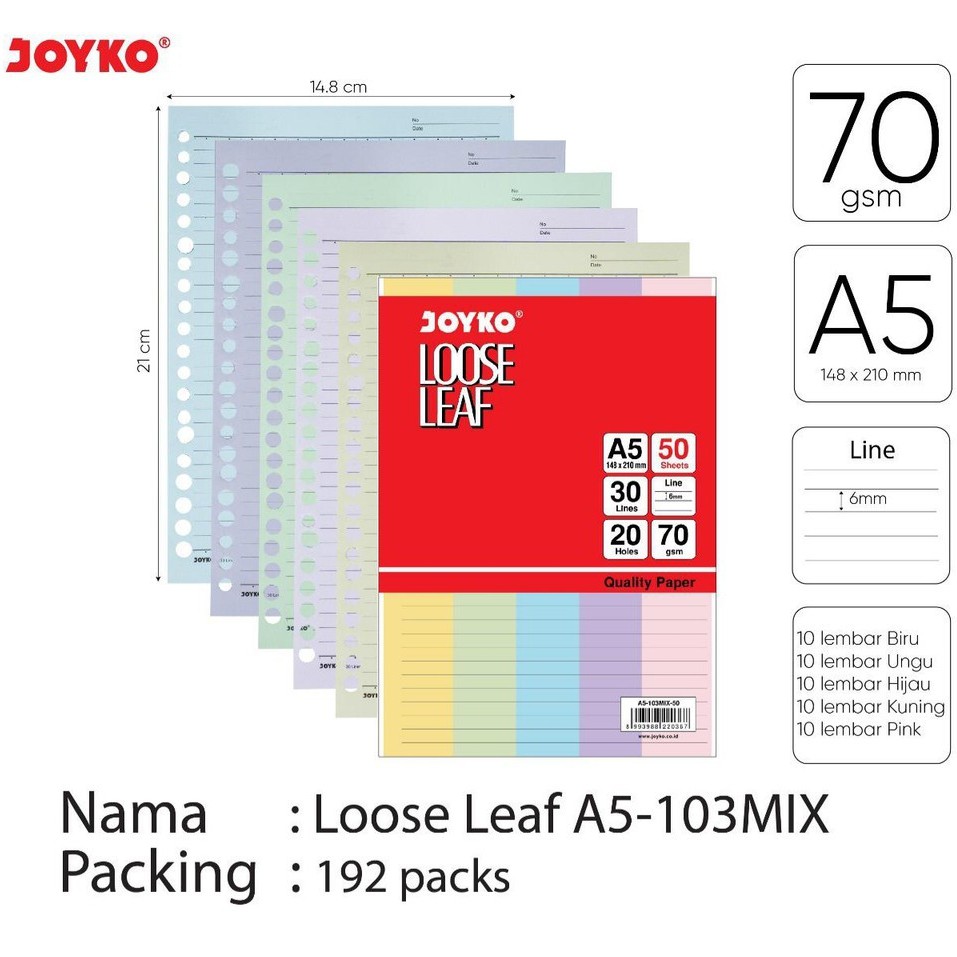 

LOOSE LEAF A5 MIX 5 WARNA | JOYKO A5-103MIX | ISI KERTAS FILE BINDER | GARIS | ISI 50 LEMBAR | 70gsm