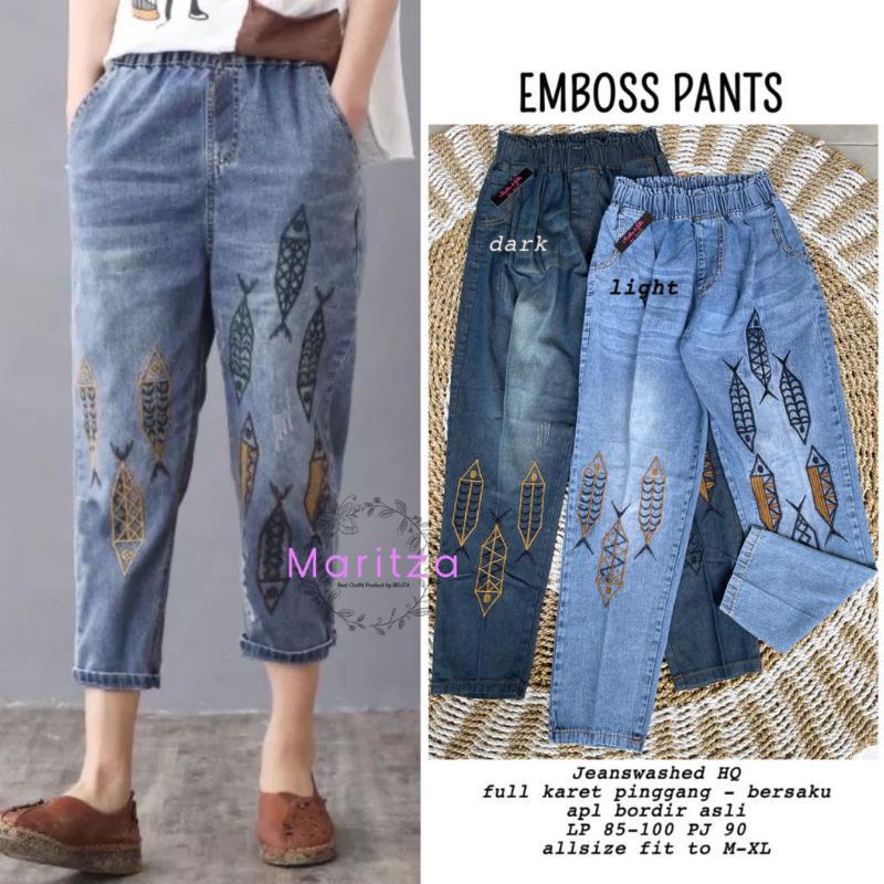 Celana Jumbo Wanita Big Size 5XL Bahan Jeans Bordir Emboss // Celana Baggy Jeans Korea