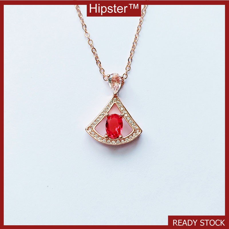 Retro Graceful Personality Fan-Shaped Ruby Pendant Full Diamond Light Luxury Hollow Necklace