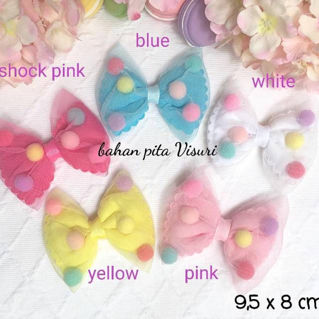 Bow Plong Spon Lapis Tulle Enam Pompom