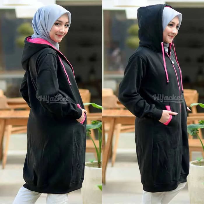 Jaket Panjang Hoodie Wanita Cewek Muslimah Jacket Hijaber Hitam Pink