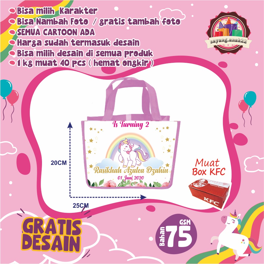 

Goodie bag ulang tahun anak Tas Ultah karakter UNICORN kain souvernir muat kotak KFC bentuk LANDSCAP