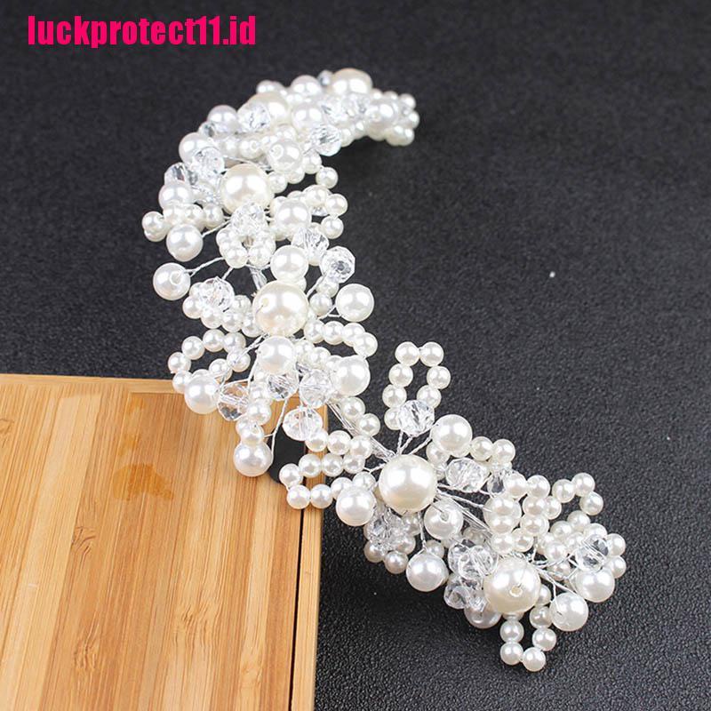 (LUCK) Mahkota / Tiara Motif Bunga Aksen Kristal + Mutiara + Berlian Imitasi Untuk Wanita / Pernikahan