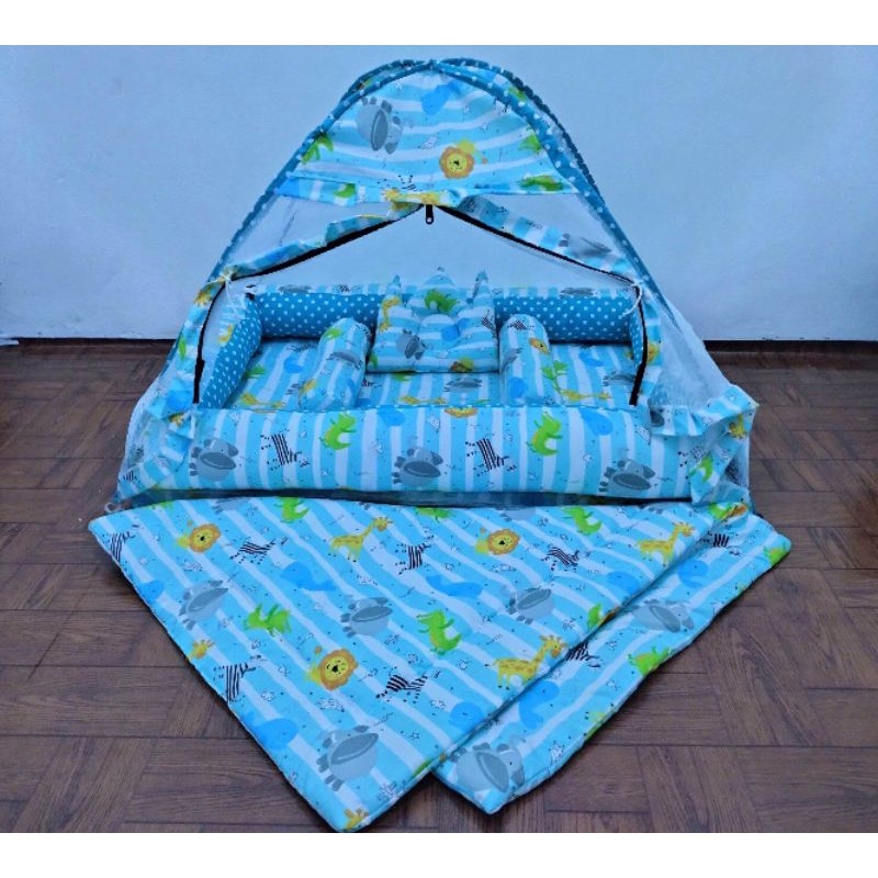 Kasur Bayi Kolam Kulambu tenda Motif karakter set selimut-Animal biru + selimu