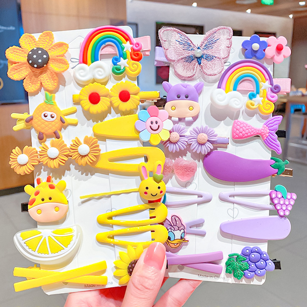 14pcs / Set Jepit Rambut Desain Kartun Bunga Warna-Warni Gaya Korea Untuk Anak Perempuan