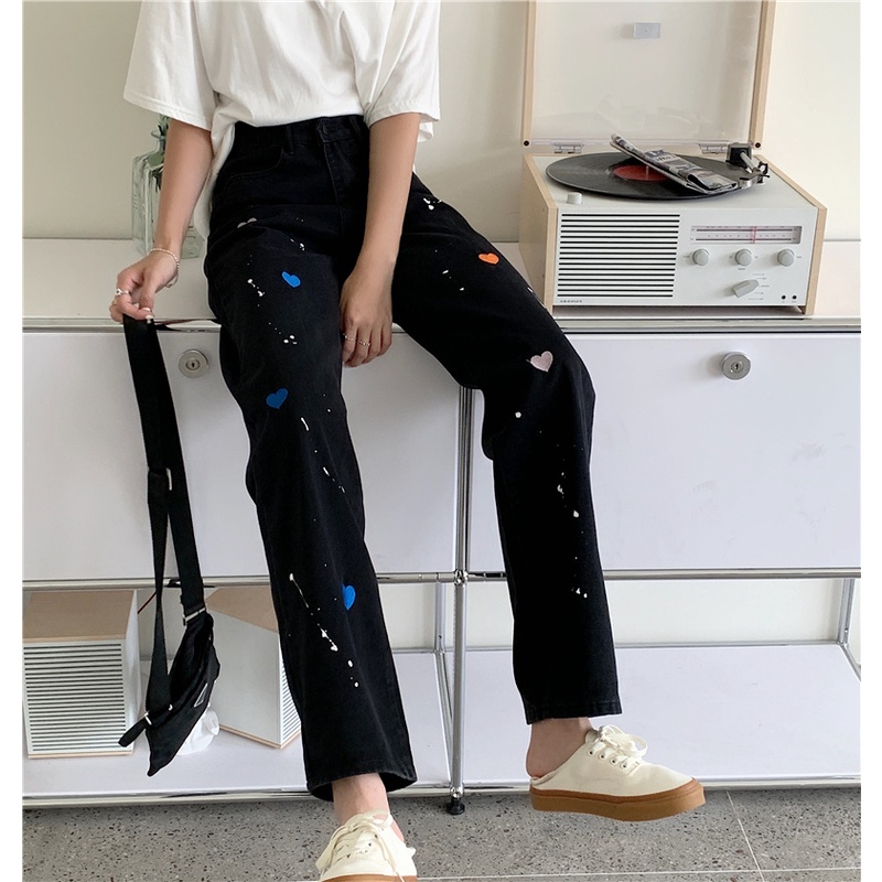 korean style high-waist straight-leg wide-leg jeans celana highwaist wanita/Jeans pinggang tinggi longgar kasual berkaki lurus wanita celana