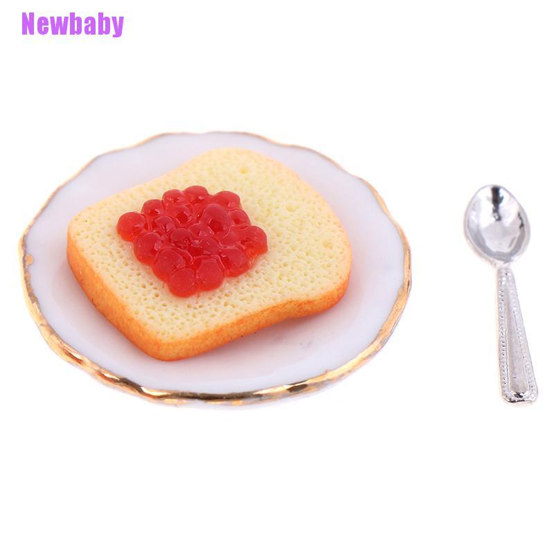 (Newbaby) 3pcs / set Miniatur Piring + Sendok Roti Panggang Skala 1: 12 Untuk Aksesoris Rumah Boneka