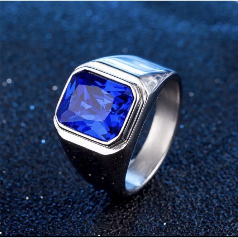 Cincin Pria Titanium 316L Stainless Steel Original Premium Quality Batu Royal Blue Saphire Minimalis